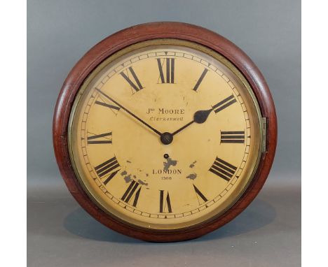 A 19th Century mahogany circular wall clock, the dial inscribed Jonathon Moore, London, with Roman numerals and single fusee 