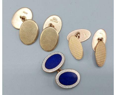Two pairs of 9ct gold cufflinks together with a 9ct gold cufflink set blue enamel, 23.3gms 