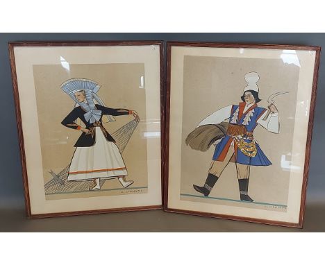 Zofia Stryjenska figures in costume, a pair of Lithograph, 44cms x 31cms 