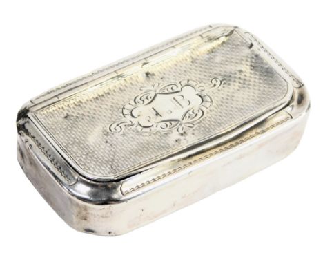 A 19thC silver plated snuff box, of rectangular form with engine engraved decorated bearing the initials JB, white metal unma