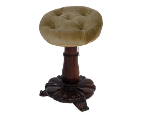 A Victorian rosewood adjustable piano stool, with overstuffed button seat, on cylindrical petalated carved column, on cylindr