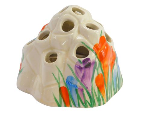 A Clarice Cliff Bizarre Crocus pattern flower holder, 8cm high. 