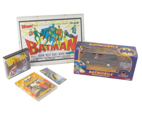 Batman toys, comprising Batman Gold Collection discs, Batman Holy Edition, print of Batman poster bearing printed signatures,