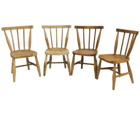 A set of four 19thC beech and elm child's stick back chairs, raised on turned supports united by an H frame stretcher. (AF)