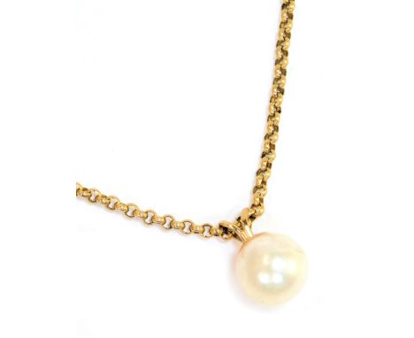 A 9ct gold and cultured pearl pendant and chain, the single pearl with V strand clasp, on a curb link chain, yellow metal, st