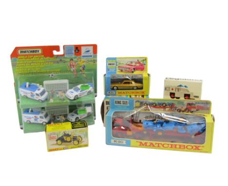 Various diecast, including a Matchbox tractor transporter K-20, Dinky Toys Gabriel Model T Ford 109, Britains dump truck, Mat