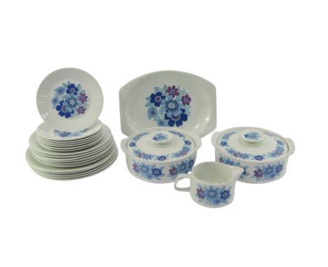 A J&amp;G Studio Meakin part dinner service, decorated with purple and blue flowers against a white ground, to include two tu