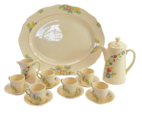 A Royal Doulton Hadley pattern tete-a-tete, comprising oval serving tray, coffee pot and lid, milk jug, six coffee cans and s