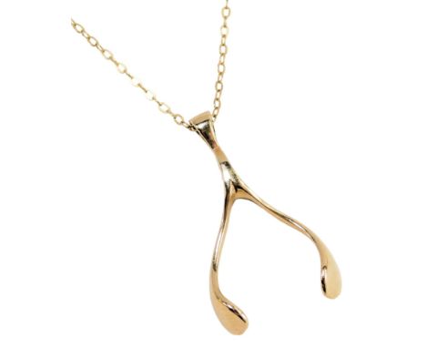A 9ct gold wishbone pendant and chain, the pendant 3.5cm high, on a fine link neck chain, 44cm long, 6.2g, boxed.