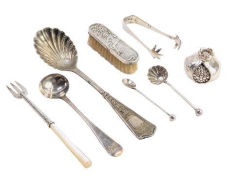 A group of silver and other wares, comprising a Continental miniature nailbrush, with semi clad female, white metal stamped 9