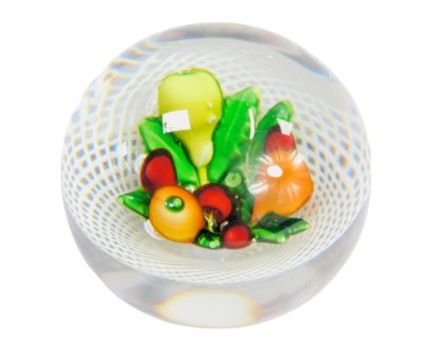 A St Louis glass fruit paperweight, showing cherries and pears, within a latticino basket, 6.5cm diameter.