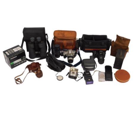Various cameras and optical equipment, to include a JB Ensign box camera, in canvas case, a Canon EOS 300 camera with 75x300m