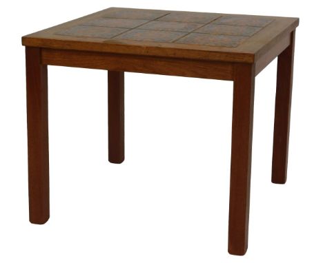 A mid century tile top coffee table, the square top inset with nine floral tiles, raised on square legs, 49cm high, 57cm wide