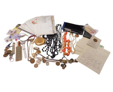 Costume jewellery, comprising lady's Kahuna wristwatch, compact, mother of pearl bangle, necklaces, first day covers, etc. (1