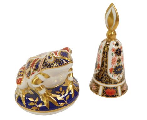 A Royal Crown Derby porcelain paperweight modelled as a frog, gold stopper and red printed marks, 8cm high, together with a R