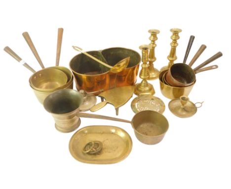 A group of brassware, to include candlesticks, pans, ladle, trivet, two sectional dish, etc. (1 box) 