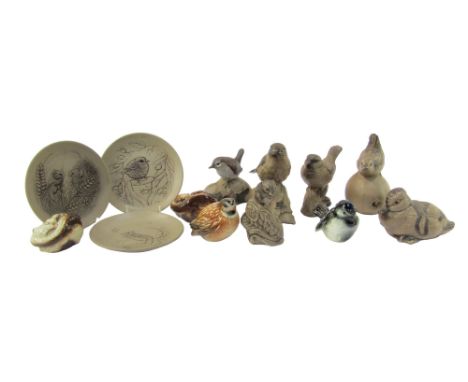 A group of Poole pottery animal figures, to include birds, mouse on corn, 9cm high, circular dishes, 13cm diameter, etc. (1 t