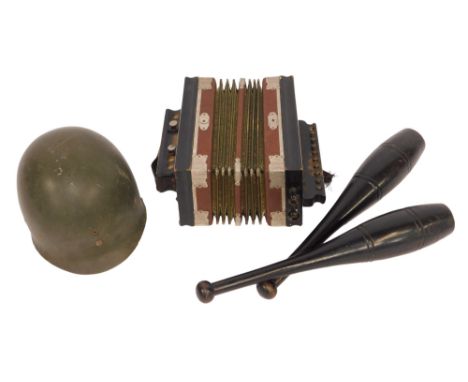 Miscellaneous items, to include a Tivoli accordion, World War II military helmet, and a pair of ebonised juggling batons. 