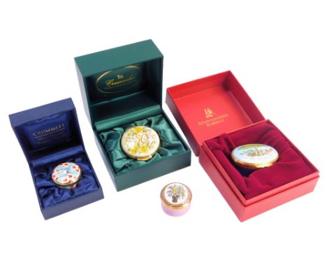 A group of enamel boxes, comprising Halycon Days For Your Future Happiness, a floral basket decorated example, a Crummels and