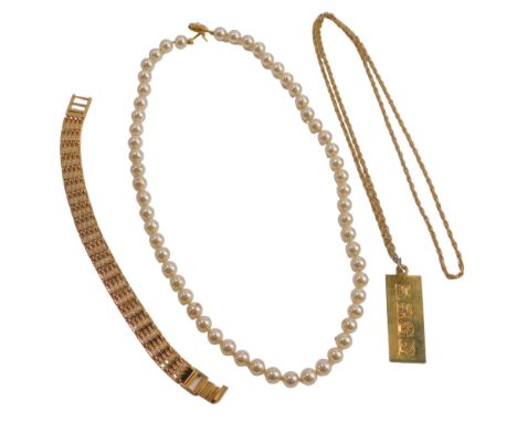 Gold plated necklaces, faux pearl necklace, ingot style pendant and chain, etc. (a quantity)