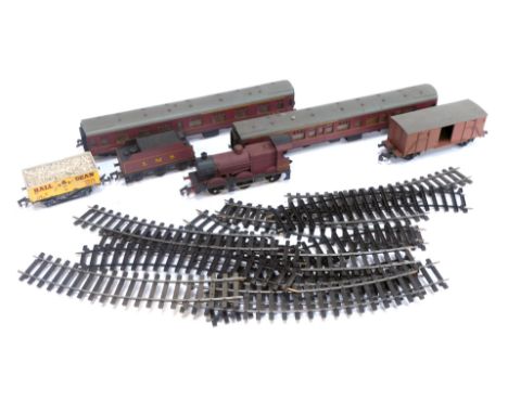 Lima O gauge train set, including an LMS Class 4F locomotive and tender, LMS maroon livery, 0-6-0, Lima O gauge coaches, Lima