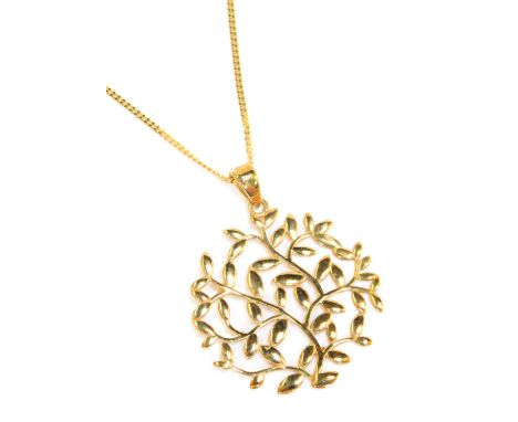 A Shipton and Co Fine Jewellery 9ct gold pendant and chain, the leaf design circular tree pendant, on a fine link chain with 