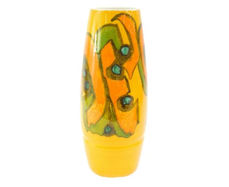 A Poole pottery Delphis pattern vase, of cylindrical form decorated with abstract patterns in orange, green and blue against 