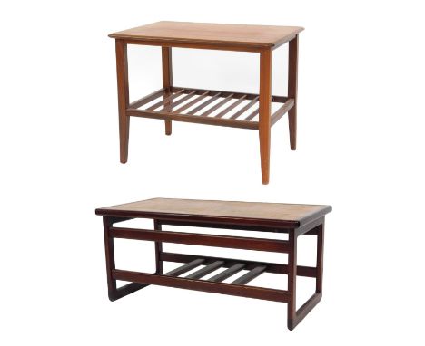 A vintage teak and tile top coffee table, of rectangular form, with a slatted under tier, 39cm high, 85cm wide, 45cm deep, an