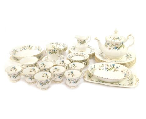 A Royal Albert porcelain part tea and dinner service decorated in the Brigadoon pattern, comprising a teapot and stand, milk 