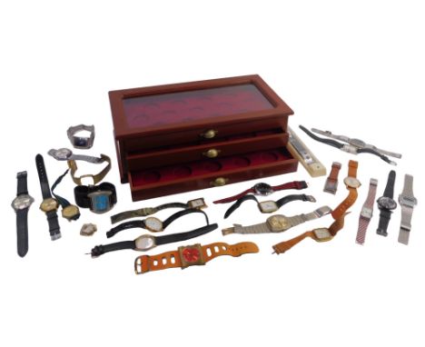 A coin display case and gent's wristwatches, to include Timex, Rotary, Sutus and others. (a quantity, AF)