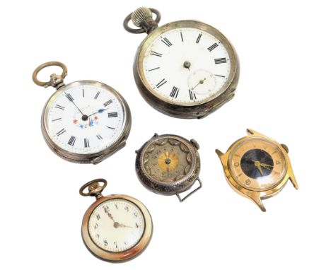 A group of assorted watches, comprising a Victorian silver cased pocket watch, with white enamel dial, a Continental fob watc