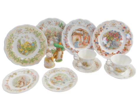 Royal Albert Beatrix Potter, comprising two cups and saucers, The Seasons plates, side plates, Royal Doulton Mrs Crusty Bread