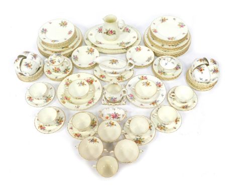 A Royal Worcester porcelain part tea and dinner service decorated in the Roanoke pattern, including tea cups and saucers, twi