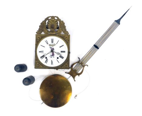 A 19thC French comtoise or morbier wall clock, the circular white enamel dial bearing Roman numerals and depiction of female 