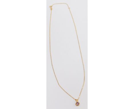 A 9ct gold and amethyst set necklace and earring set, the hexagonal amethyst pendant on a fine 9ct gold chain, 44cm long, wit