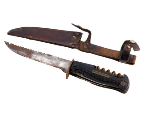 A Solingen hunting knife, with penknife top, in leather sheath stamped Decora DBGM Germany, 25cm long.