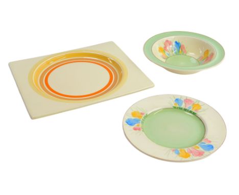 A Royal Staffordshire Clarice Cliff The Biarritz pottery dish, of square form, with round recess decorated in bands of orange