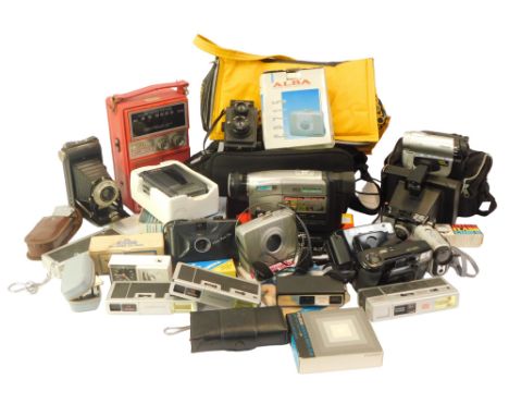 Cameras and optical equipment, to include a Brownie Dakon shutter camera, Panasonic camcorder, Polaroid Colour Pack 80 land c