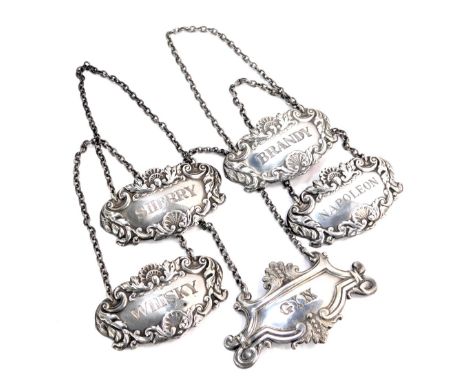 Five George V and later silver decanter labels, for Whisky, Sherry, Napoleon, Gin and Brandy, 1.74oz. 