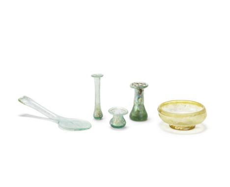  Four Roman glass vessels and a Roman flattened glass unguentarium Circa 1st-3rd Century A.D.2cm-12cm high  (5)Footnotes:Prov