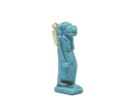  An Egyptian blue faience amulet of Tawaret, with modern gold ring attachment Late Period, circa 664-332 B.C.2.8cm high Footn