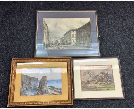 2 framed original watercolours and a street scene print, approximate measurements of largest: 22 x 18.5 inches 