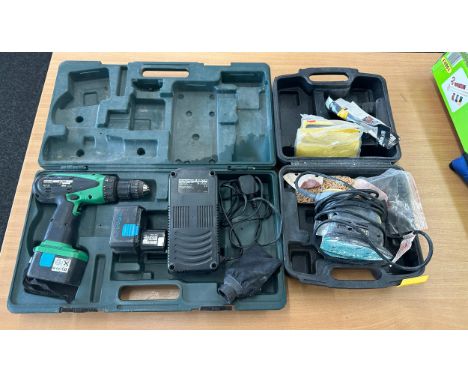 Cased Hitachi drill db14dv and a mckeier cased sander mckm16 working order 