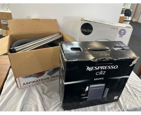 Selection of electricals to include hoover, Inspire enigma ceiling light, Nespresso Krups Citiz coffee machine, all untested 