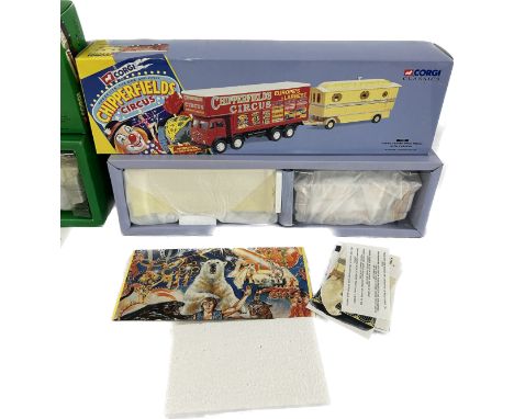 Original boxed as new Corgi 16502; Scammell; Pole Trailer and Caravan, Pat Collins Fair, Corgi 97888 Chipperfields Circus Fod