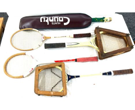 Selection vintage Slazenger tennis rackets, racket press, Dunlop 1960's badminton racket, squash racket etc 