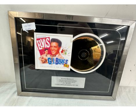 Framed Elvis gold plated presentation  recognises worldwide sales of G I Blues, with COA, approximate measurements: 11.5 x 15