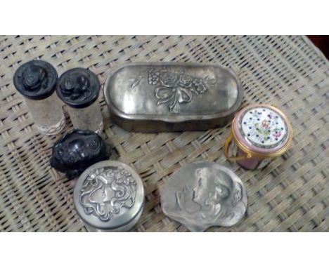 Group of dressing table items, enamel pomander, pewter lidded toilet bottles, nouveau style pin dish etc