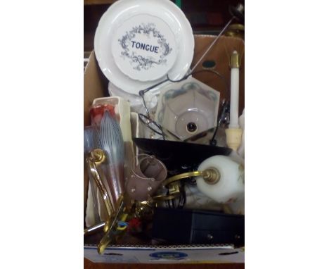 Group of glassware and ceramics to include signed art glass, a vintage cow tongue plate etc 