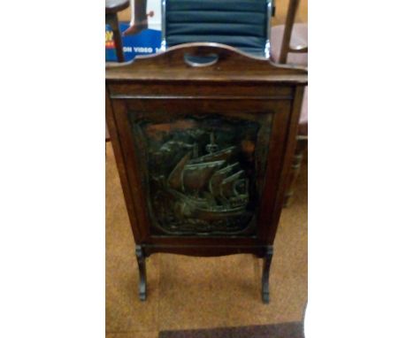 Oak and copper firescreen depicting sailship